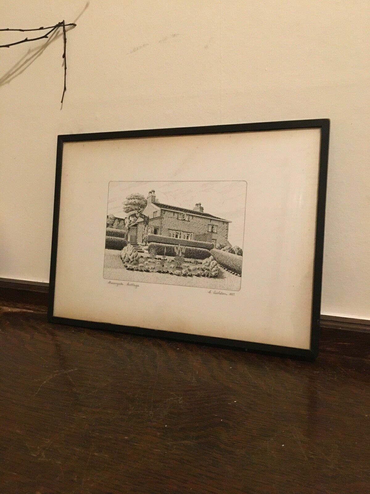 Graphic Ink Drawing 1937 Signed Moorcroft Cottage Framed Antique Drawing photo furniture