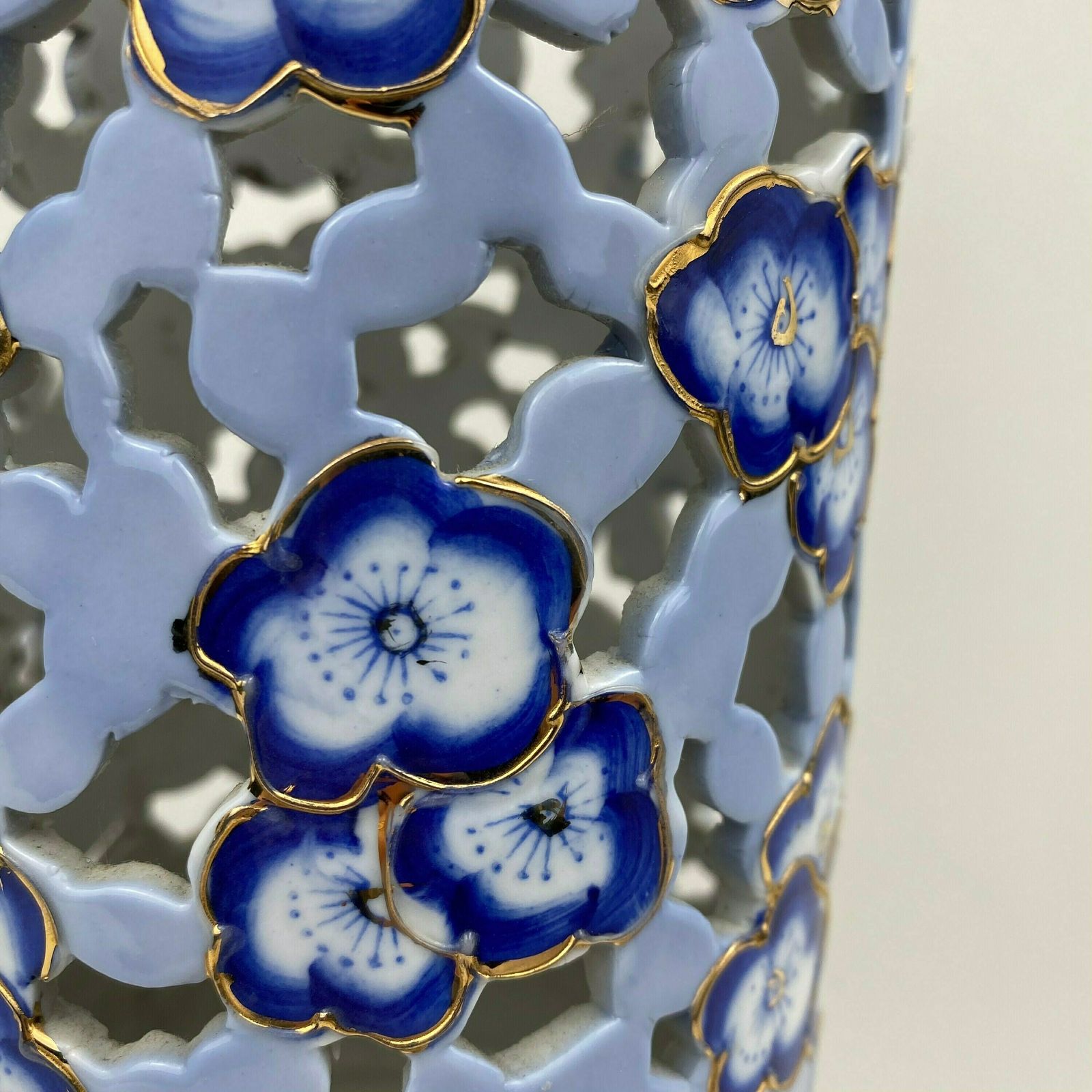 Oriental Ceramic Pot Blue Gold Antique Chinese Pattern Cylinder Vase Prunus Pattern Asian Decor China Asia Planter photo 57.0