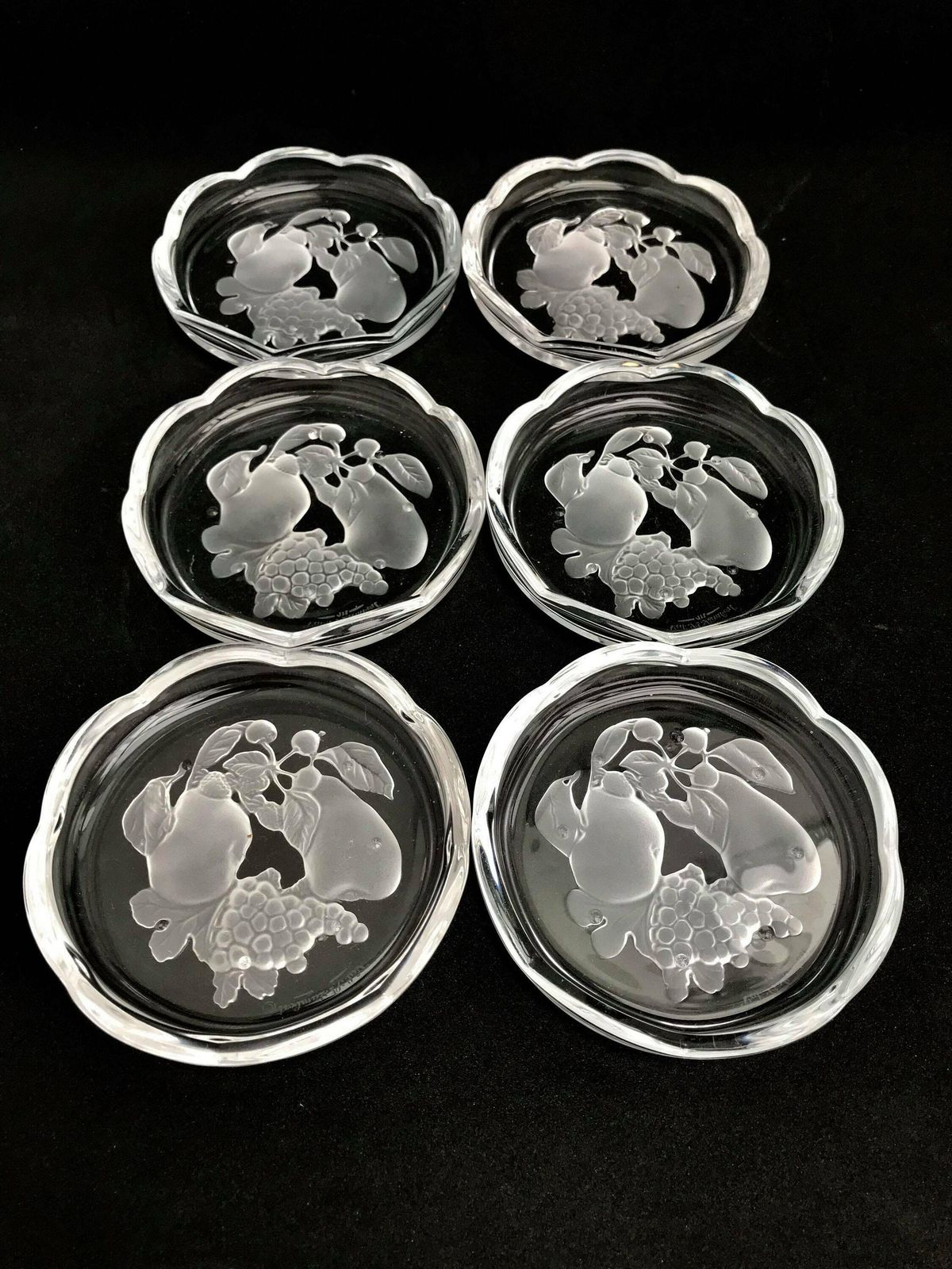 Set Of 6 Crystal Coasters From Val Saint Lambert Made In Belgium, Intaglio Crystal Fruits Crystal Cut, Crystal Relief, Bar Accessories photo furniture