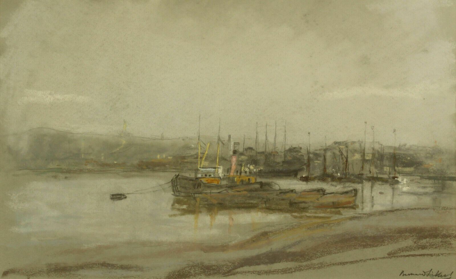 Pastel By Bernard Sickert. Fishing Steamer Moored With Smaller Boats photo furniture