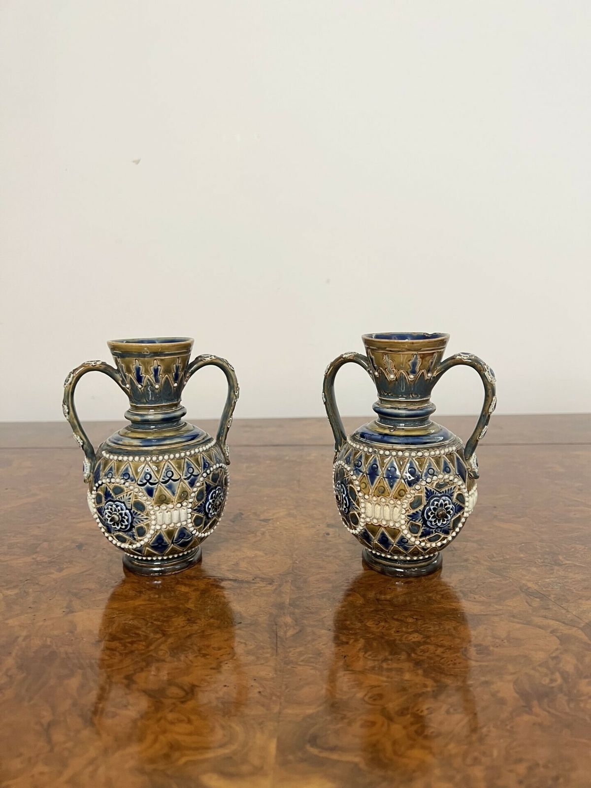 Fine Quality Pair Of Antique Doulton Lambeth Small Vases photo furniture