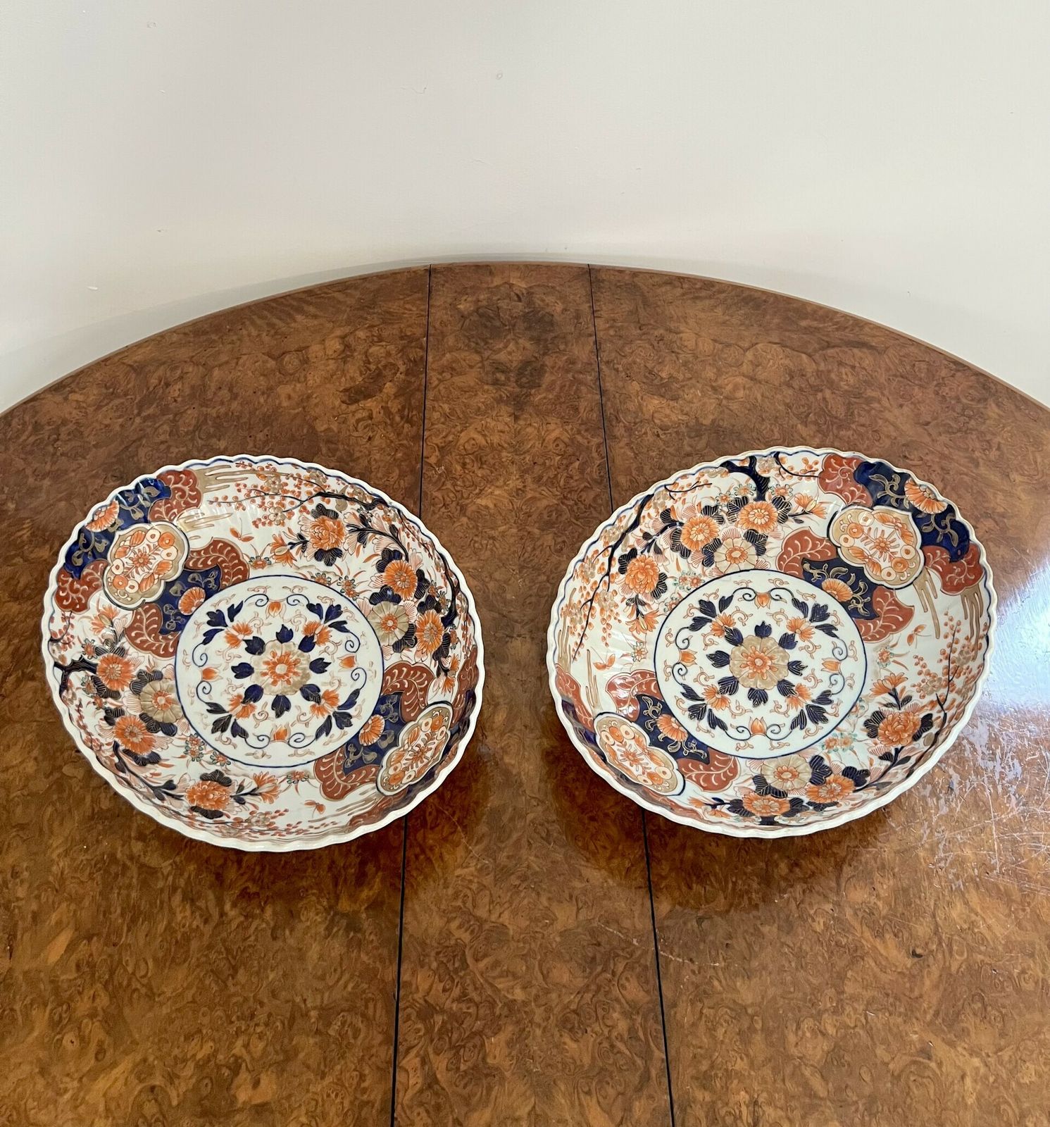 Outstanding Quality Pair Of Antique Japanese Imari Large Scalloped Edge Bowls photo furniture