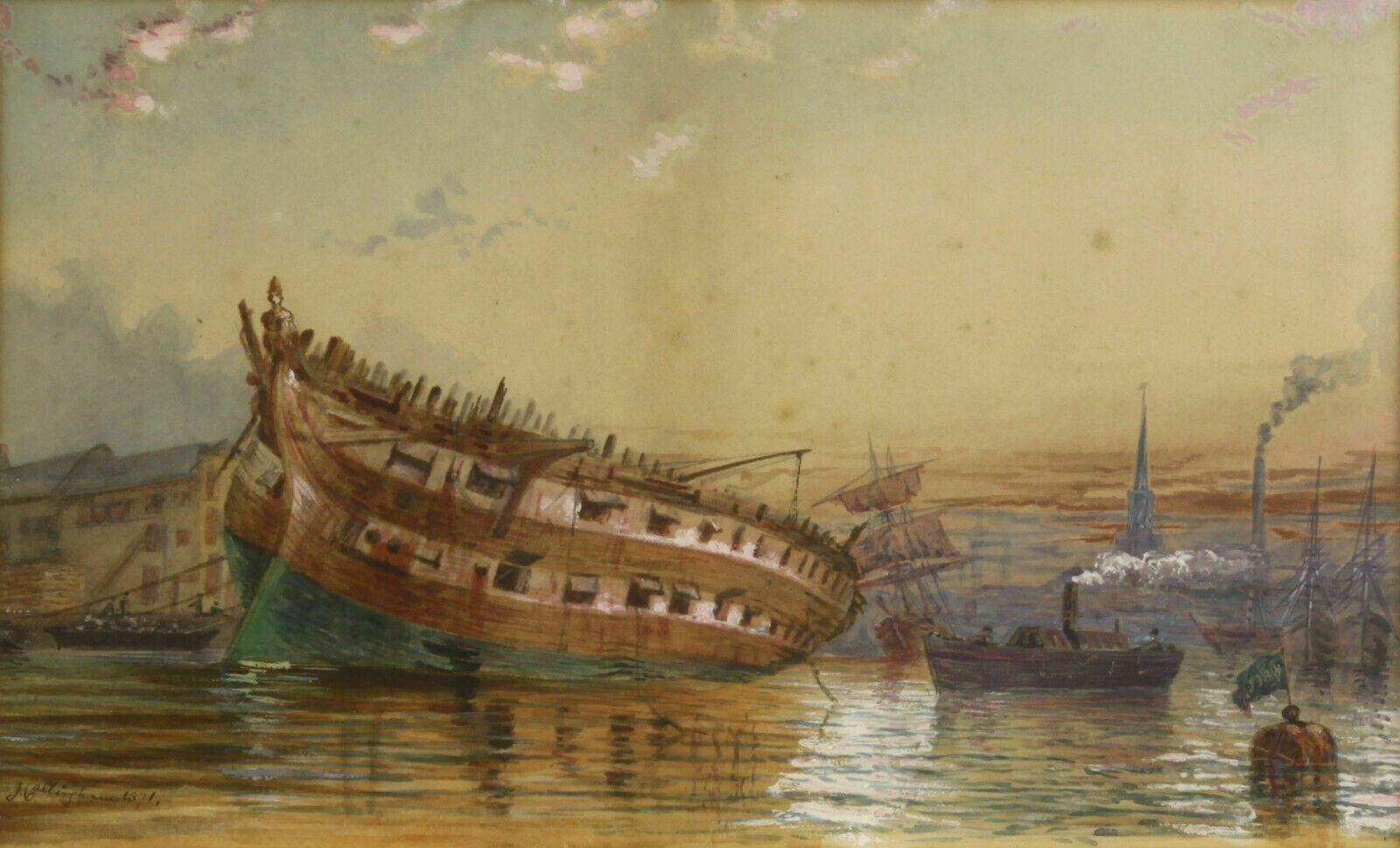 Watercolour By J Callingham. Hms Queen Being Broken Up At Rotherhithe photo furniture
