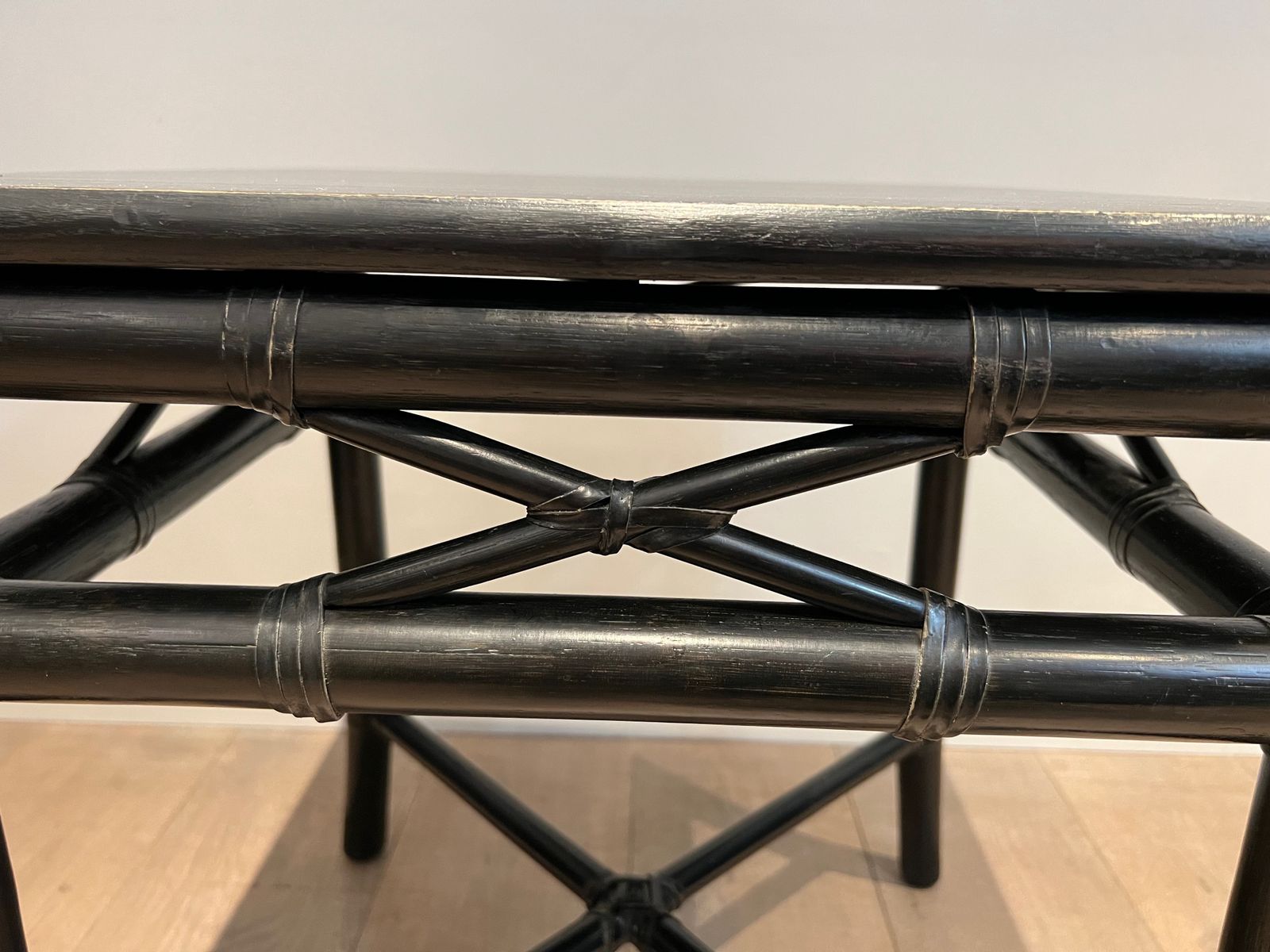 Pair Of Black Lacquered Faux Bamboo Side Tables photo vintage