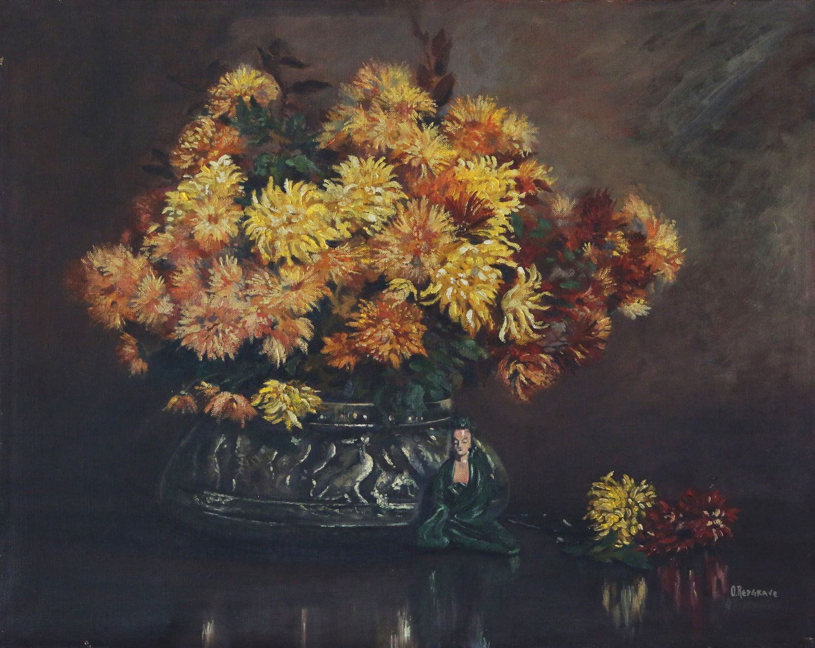Large Oil On Canvas Painting Artwork By O. Redgrave Still Life With Genie