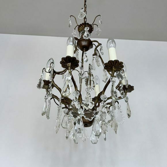 French Gilt Brass Birdcage Chandelier With Glass And Crystal Drops photo Lighting