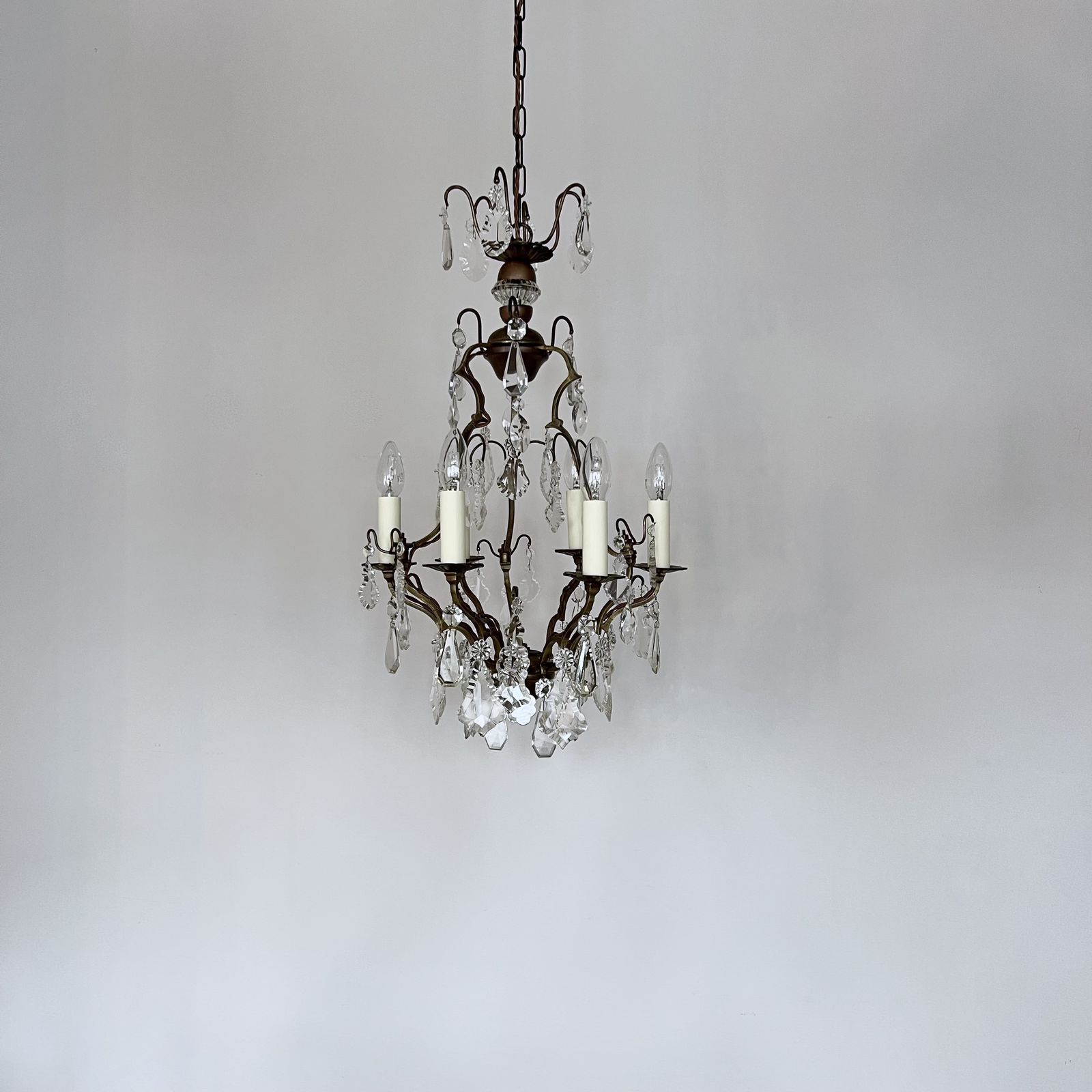 Lighting French Gilt Brass Birdcage Chandelier With Glass And Crystal Drops photo