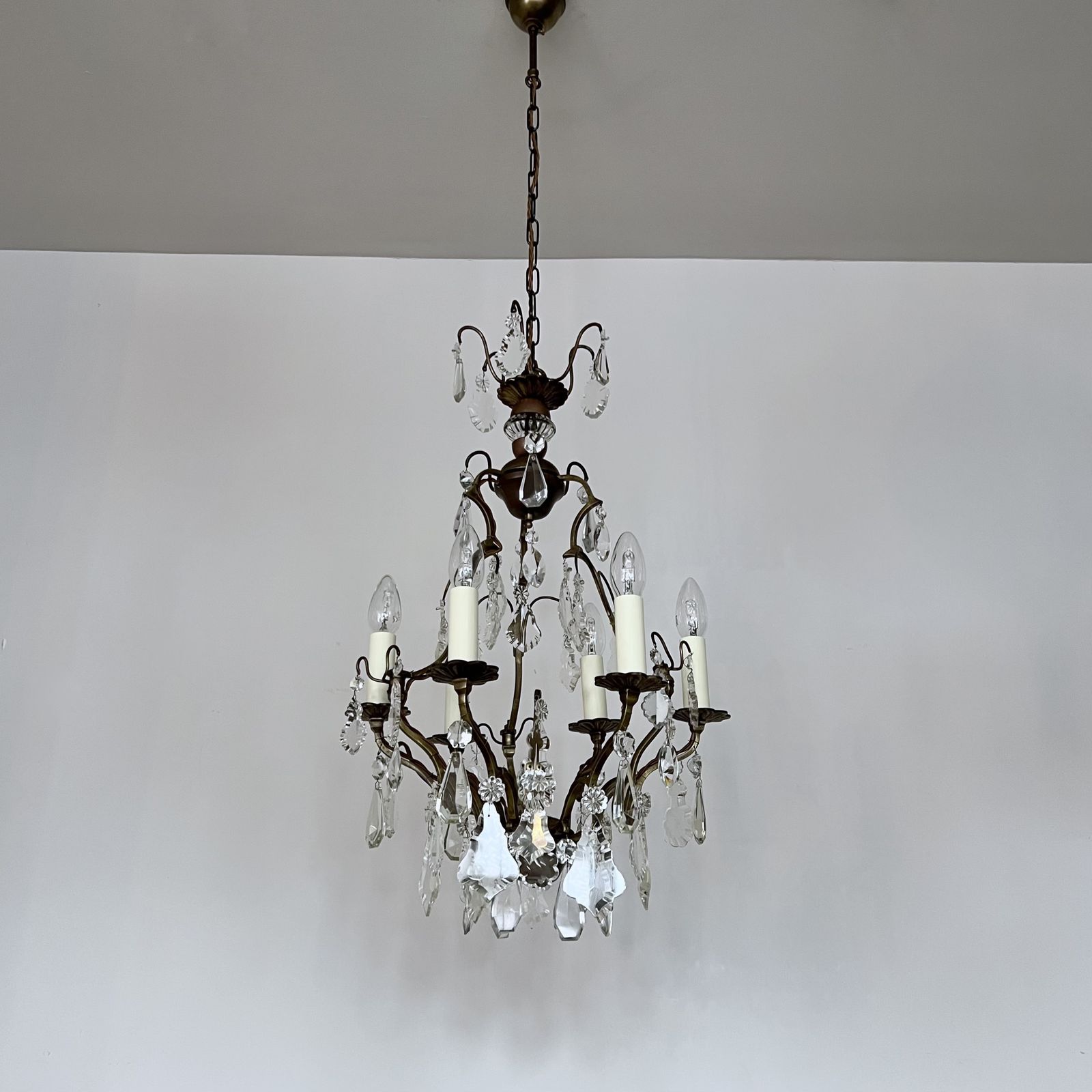 995.0 French Gilt Brass Birdcage Chandelier With Glass And Crystal Drops photo