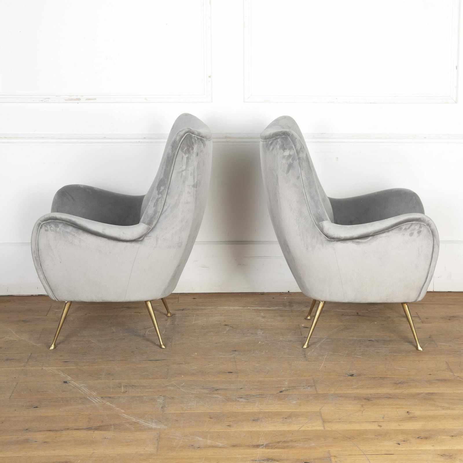 Pair Of Mid Century Modern Grey Velvet Armchairs photo for sale