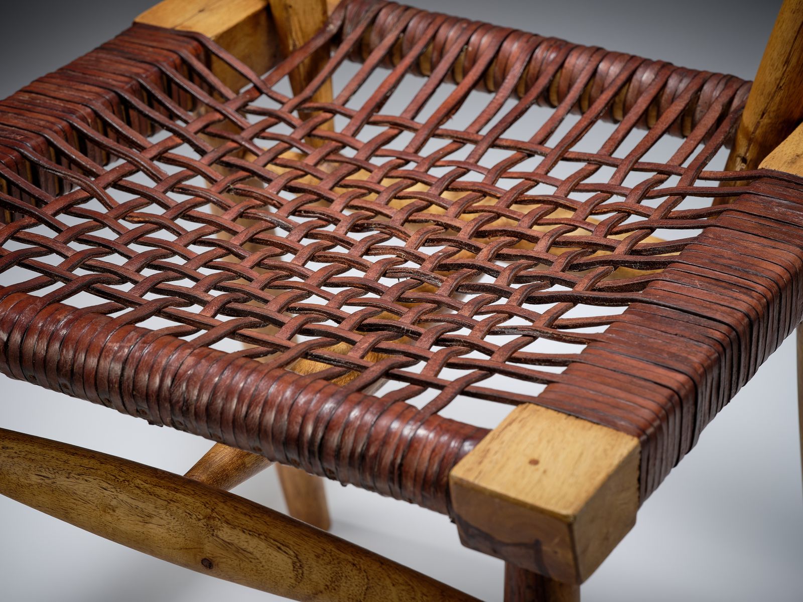 Delightful Danish Mid Century Style Leather Strung African Hardwood Framed Chair, Denmark Circa 1980's photo for sale