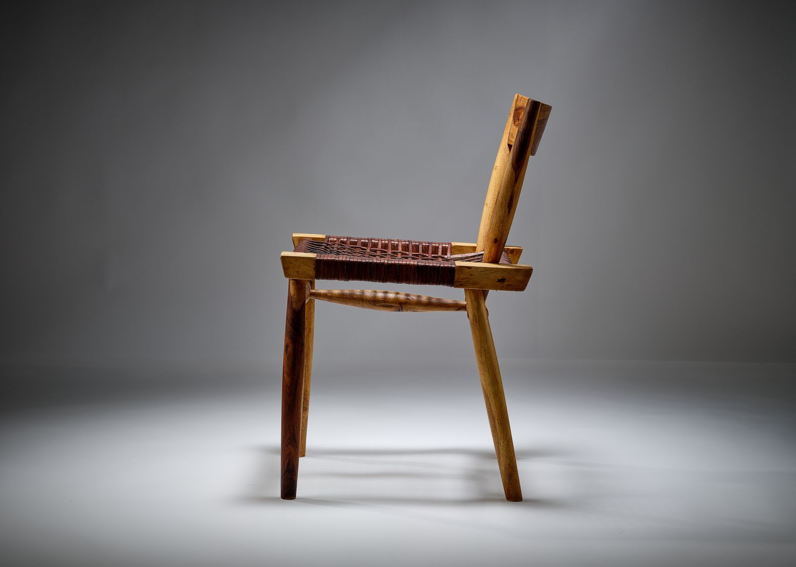 photo for sale Delightful Danish Mid Century Style Leather Strung African Hardwood Framed Chair, Denmark Circa 1980's