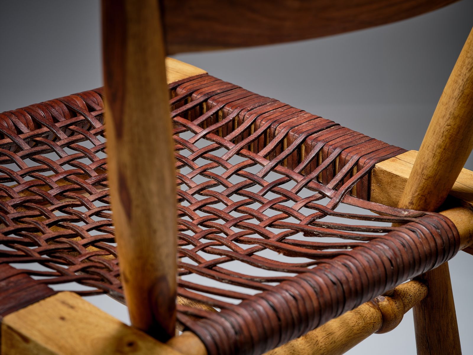 photo vintage Delightful Danish Mid Century Style Leather Strung African Hardwood Framed Chair, Denmark Circa 1980's
