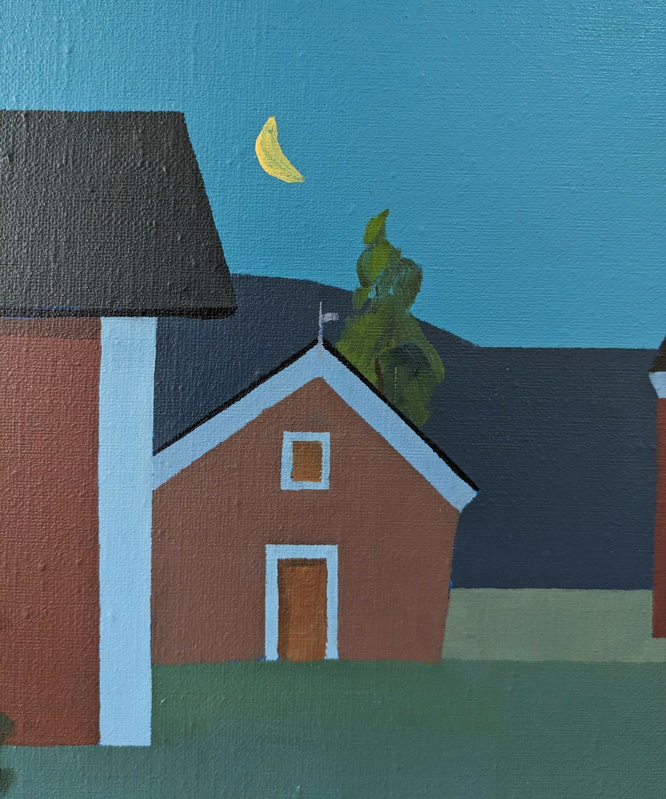 Framed Street Scene Oil Painting, Houses At Midnight, 1990s photo for sale