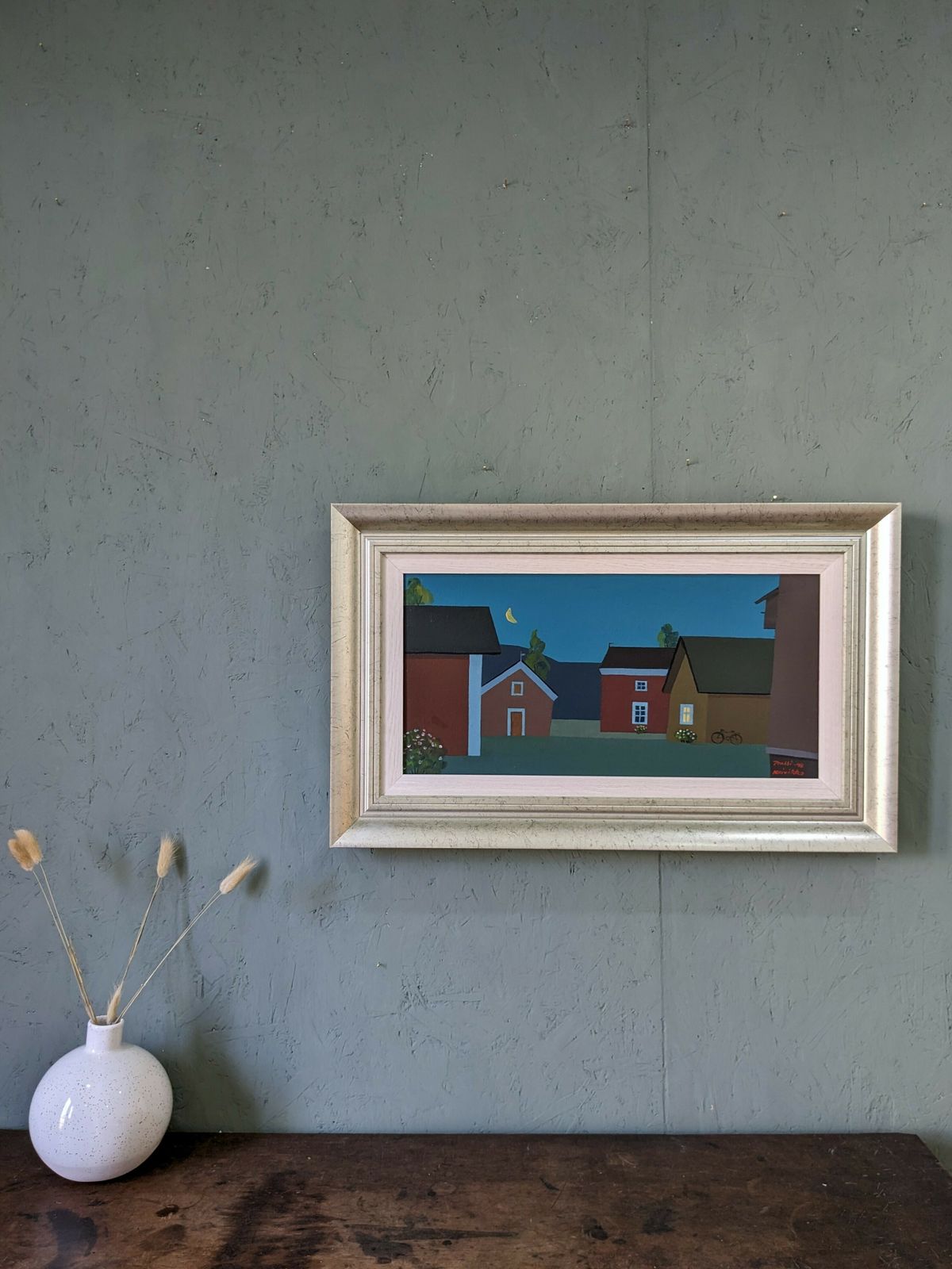 Framed Street Scene Oil Painting, Houses At Midnight, 1990s photo vinterior