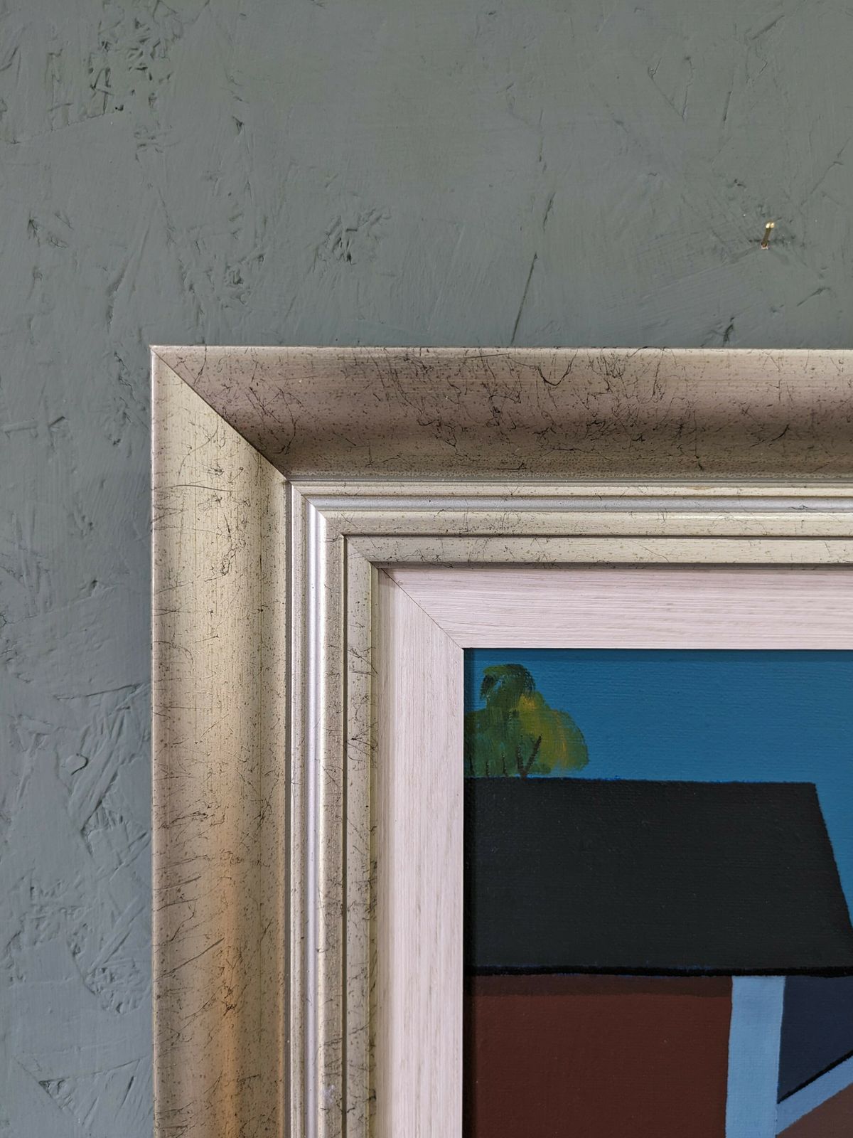 photo for sale Framed Street Scene Oil Painting, Houses At Midnight, 1990s