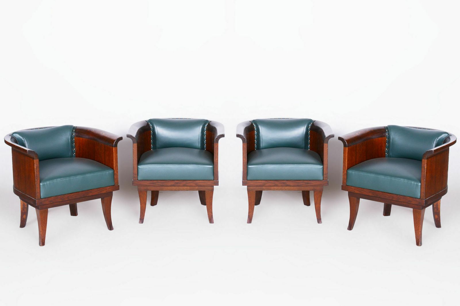 Restored Artdeco Set Of Four Armchairs, High Quality Leather, Solid Oak, New Professional Upholstery, Czechia, 1920s