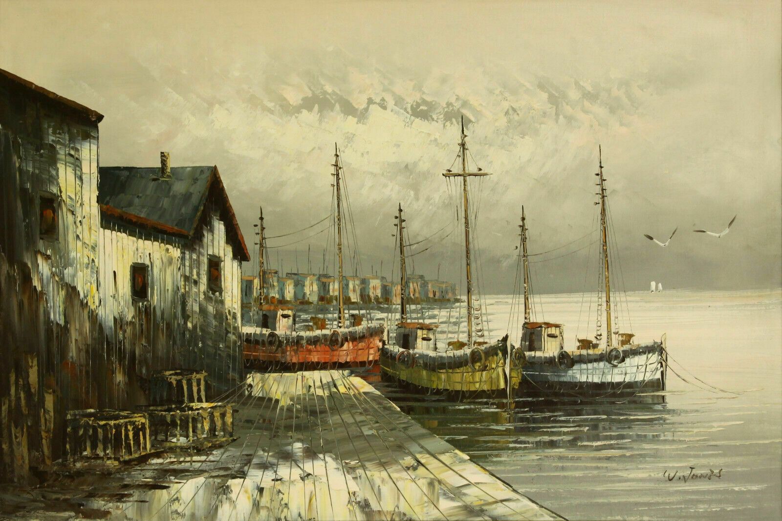 Oil On Board Signed W. Jones. Moored Fishing Boats photo furniture