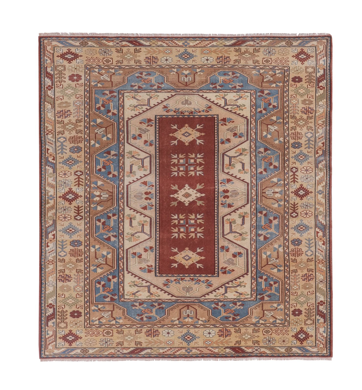 1960s Decorative Turkish Soft Muted Color Oushak Living Room Rug 6'10'' X 7'7''