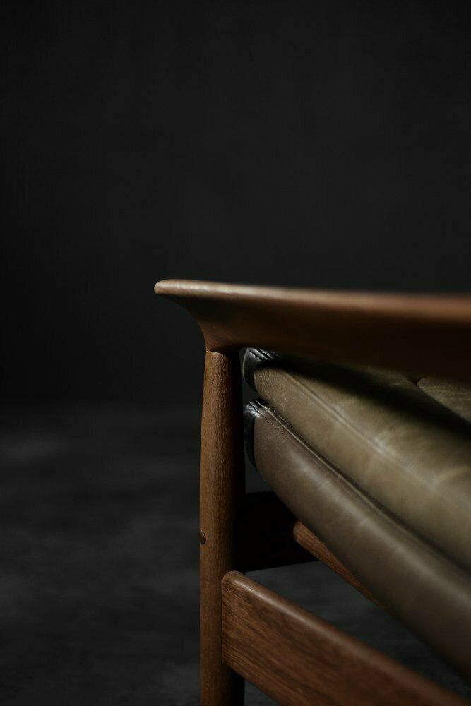 photo for sale Mid Century Danish Modern Teak Wood & Brown Leather High Armchair With Reclining Backrest, 1960s