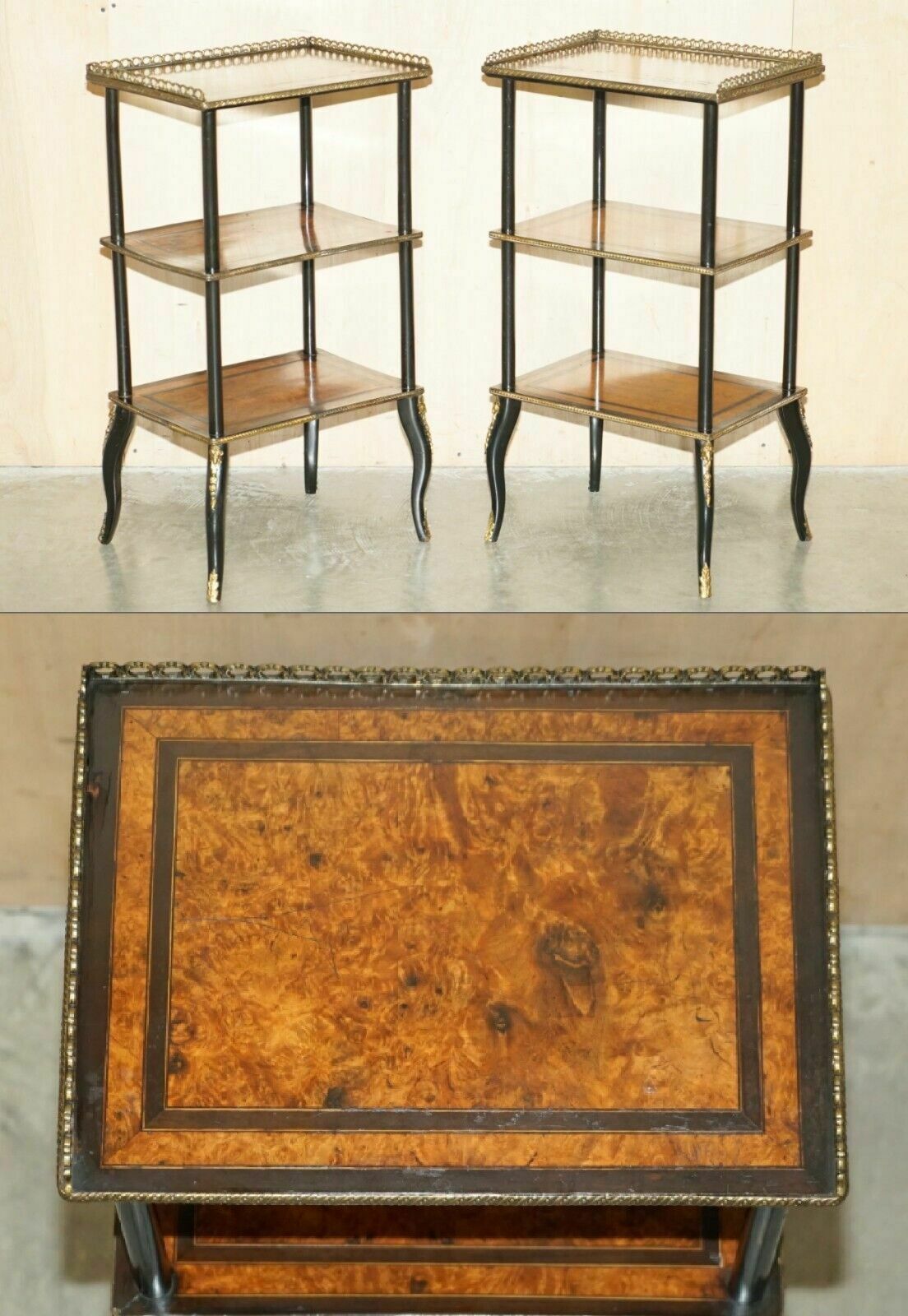 Pair Of Victorian Ebonised Amboyna Wood Etageres Side End Lamp Wine Tables