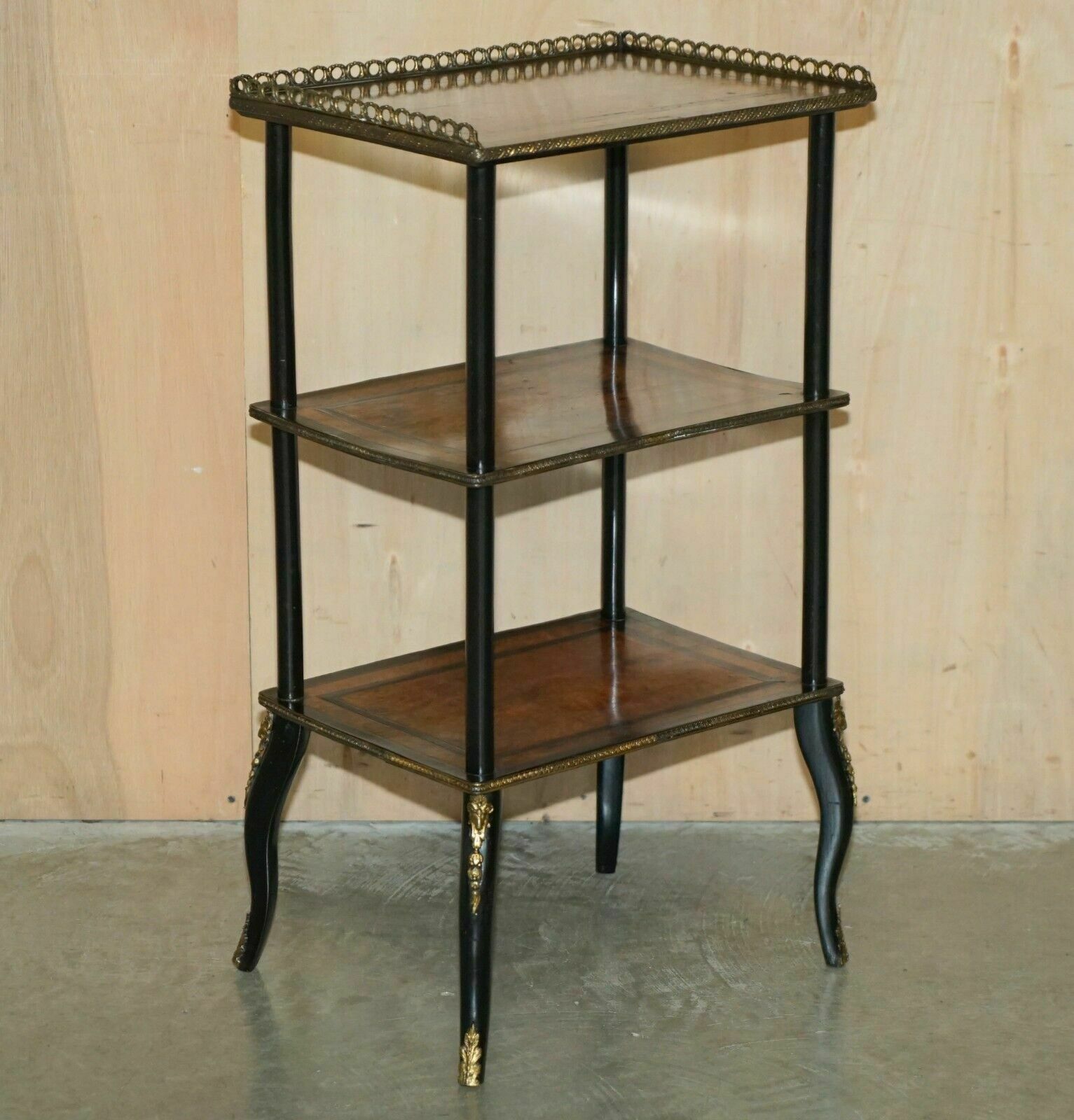 Pair Of Victorian Ebonised Amboyna Wood Etageres Side End Lamp Wine Tables photo for sale