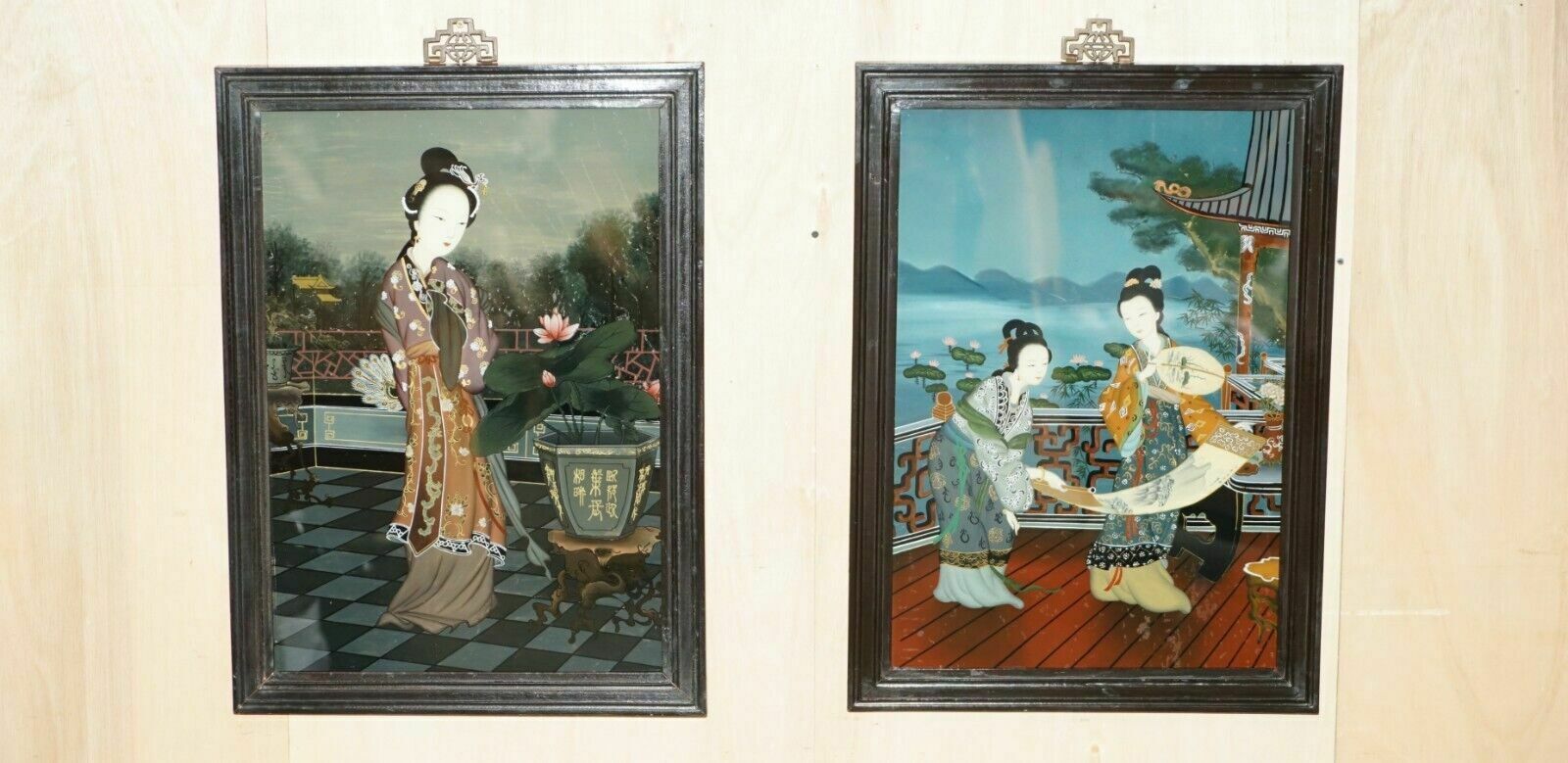 Sublime Pair Of Antique Chinese Ancestral Portrait Hand Painted Glass Paintings