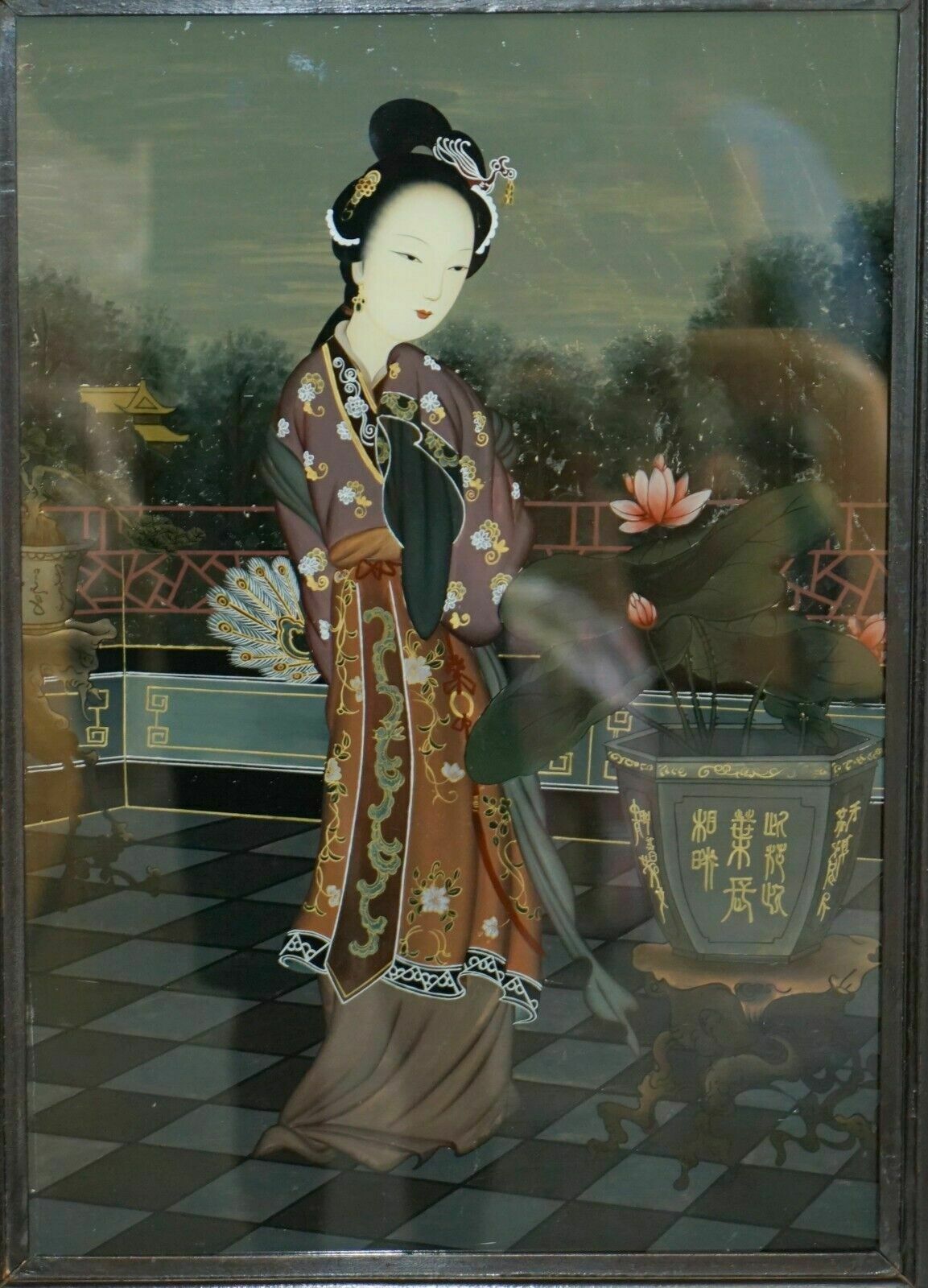Sublime Pair Of Antique Chinese Ancestral Portrait Hand Painted Glass Paintings photo vinterior