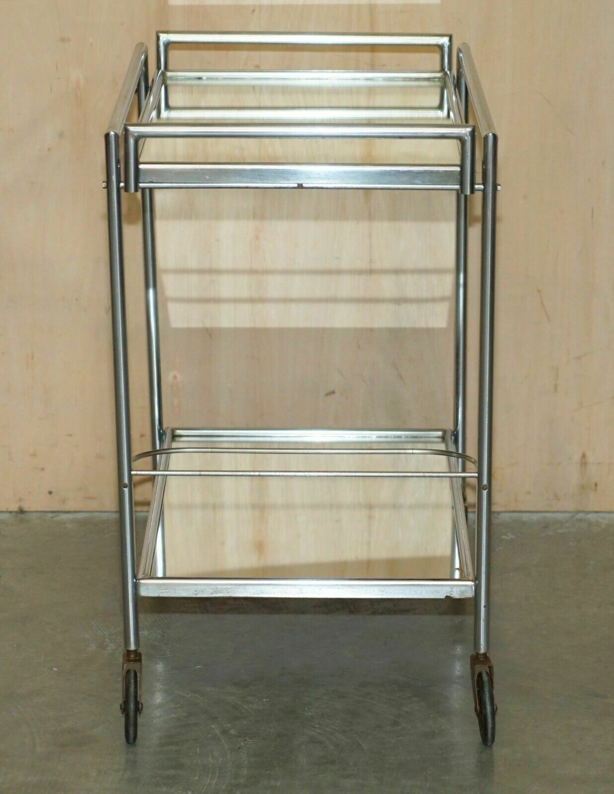 1650.0 Antique Art Deco Circa 1920's French Mirrored Glass Chrome Tea Cake Trolly photo