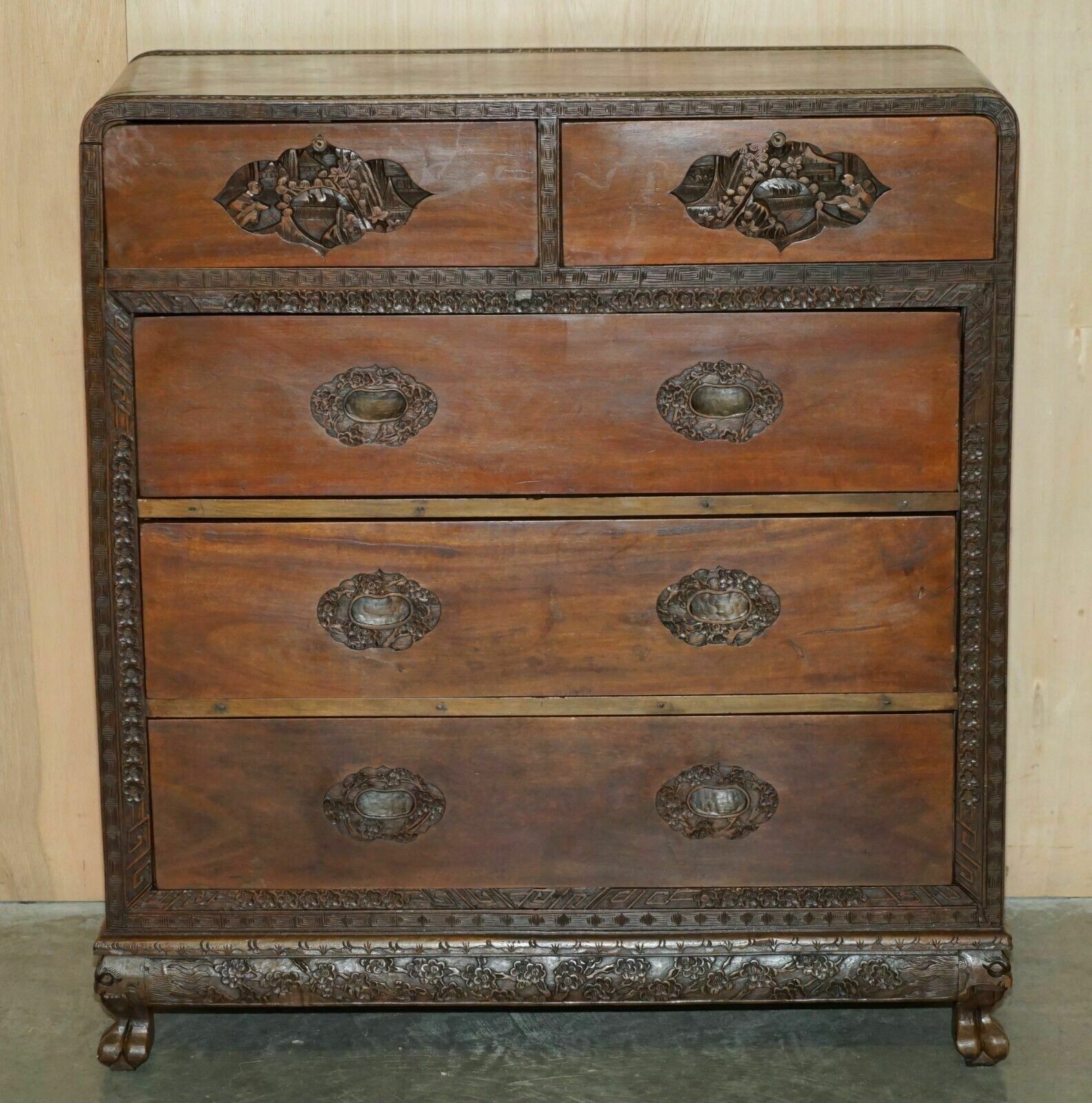 Antique Chinese Hand Carved Circa 1890 Chest Of Drawers Very Detailed Handles photo for sale