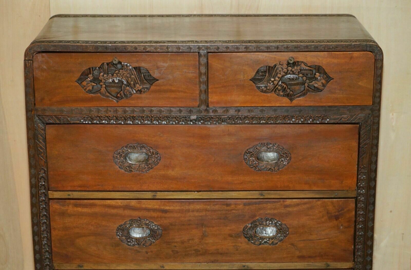 Antique Chinese Hand Carved Circa 1890 Chest Of Drawers Very Detailed Handles photo Furniture