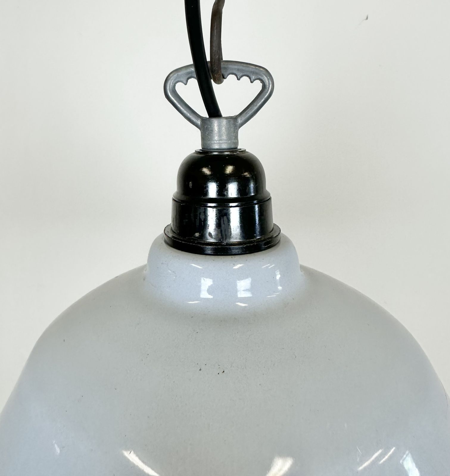 Industrial French Grey Enamel Factory Pendant Lamp, 1960s photo vinterior
