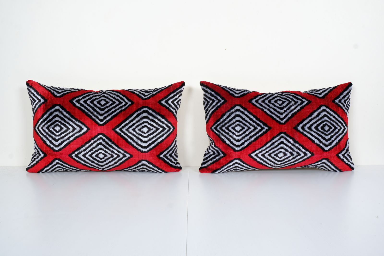 Set Of Two Silk Ikat Velvet Pillow, Matching Red Uzbek Ikat Cushion Cover, Designer Pillow 16" X 24"