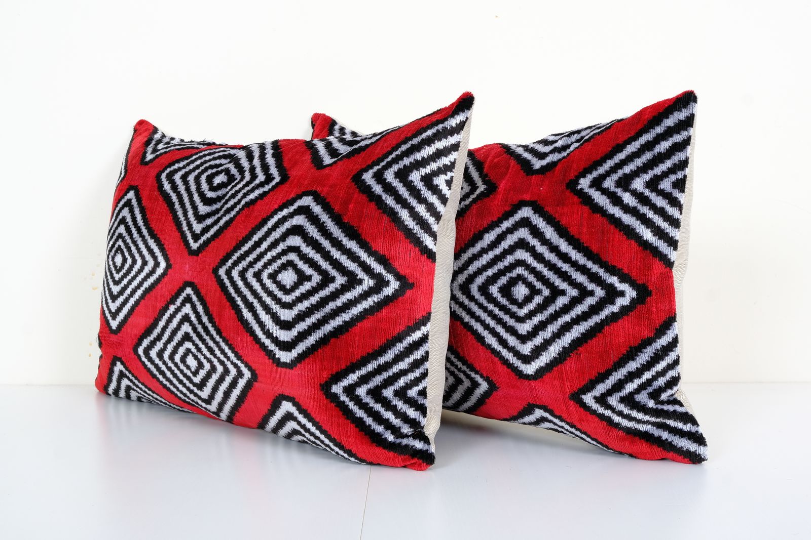 Set Of Two Silk Ikat Velvet Pillow, Matching Red Uzbek Ikat Cushion Cover, Designer Pillow 16" X 24" photo Textiles
