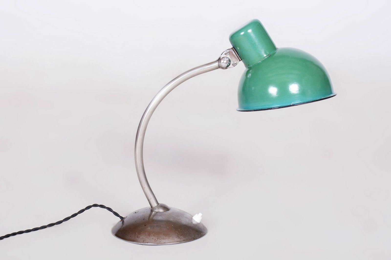 Restored Bauhaus Table Lamp, New Electrification, Chrome, Enameled Metal Light Shade, Czechia, 1930s photo for sale
