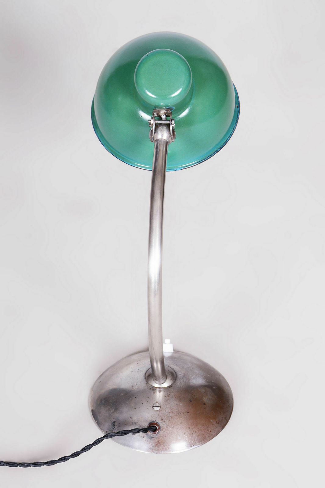Restored Bauhaus Table Lamp, New Electrification, Chrome, Enameled Metal Light Shade, Czechia, 1930s photo vinterior