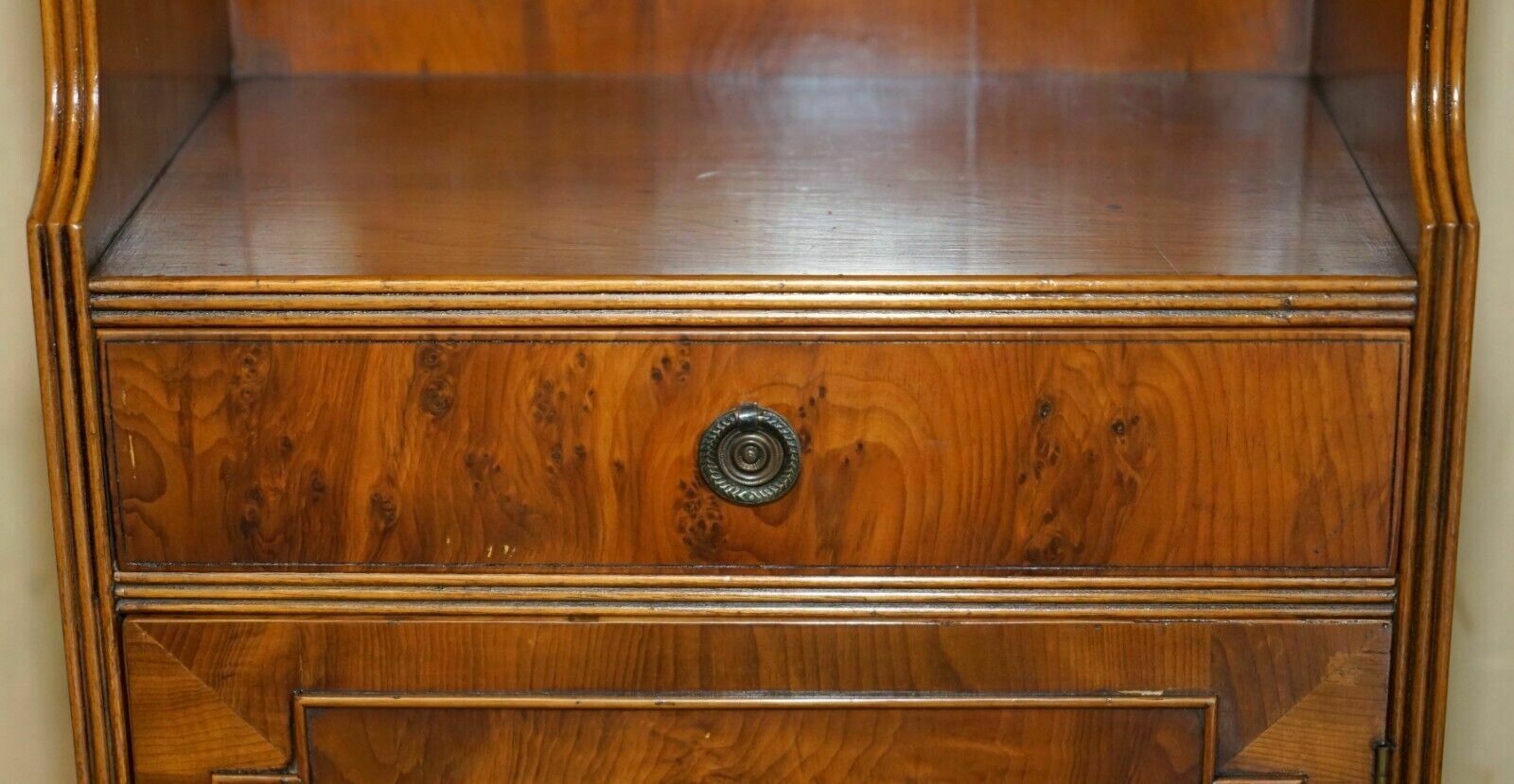 Pair Of Vintage English Flamed Mahogany Waterfall Bookcases With Cupboard Bases photo vintage