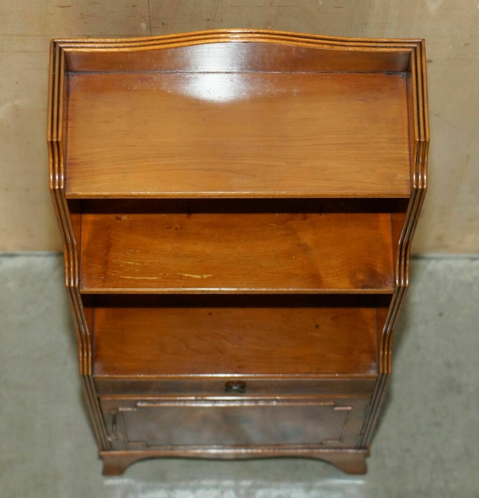 2350.0 Pair Of Vintage English Flamed Mahogany Waterfall Bookcases With Cupboard Bases photo