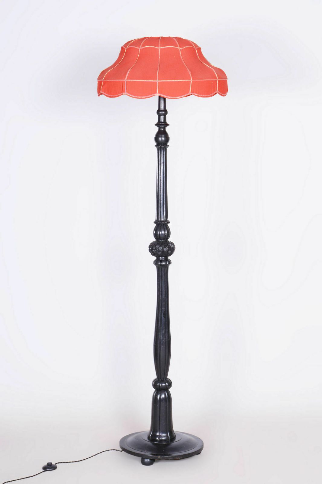 Restored Artdeco Floor Lamp, Solid Beech, New Electrification, Revived Polish, Well Preserved Original Textile Shade, Czechia, 1920s