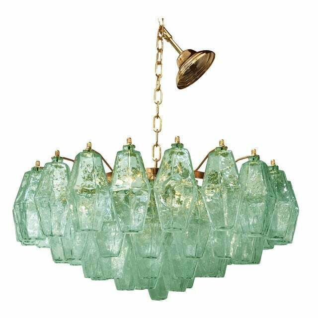Poliedro Murano Glass Green Chandelier With Gold Metal Frame, Lot Of 2 Or A Pair Of Chandeliers photo Lighting