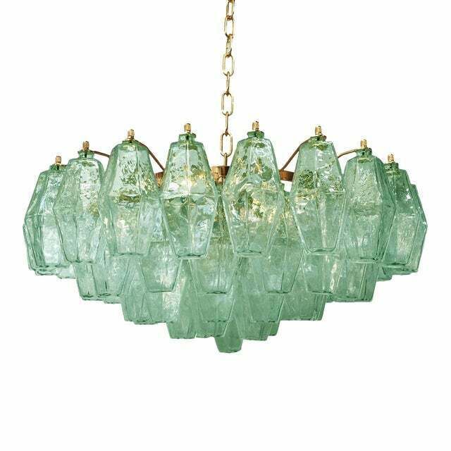 Poliedro Murano Glass Green Chandelier With Gold Metal Frame, Lot Of 2 Or A Pair Of Chandeliers photo for sale