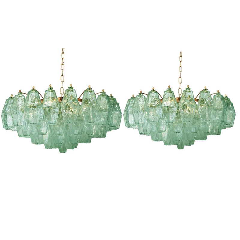 Poliedro Murano Glass Green Chandelier With Gold Metal Frame, Lot Of 2 Or A Pair Of Chandeliers photo 8432.0