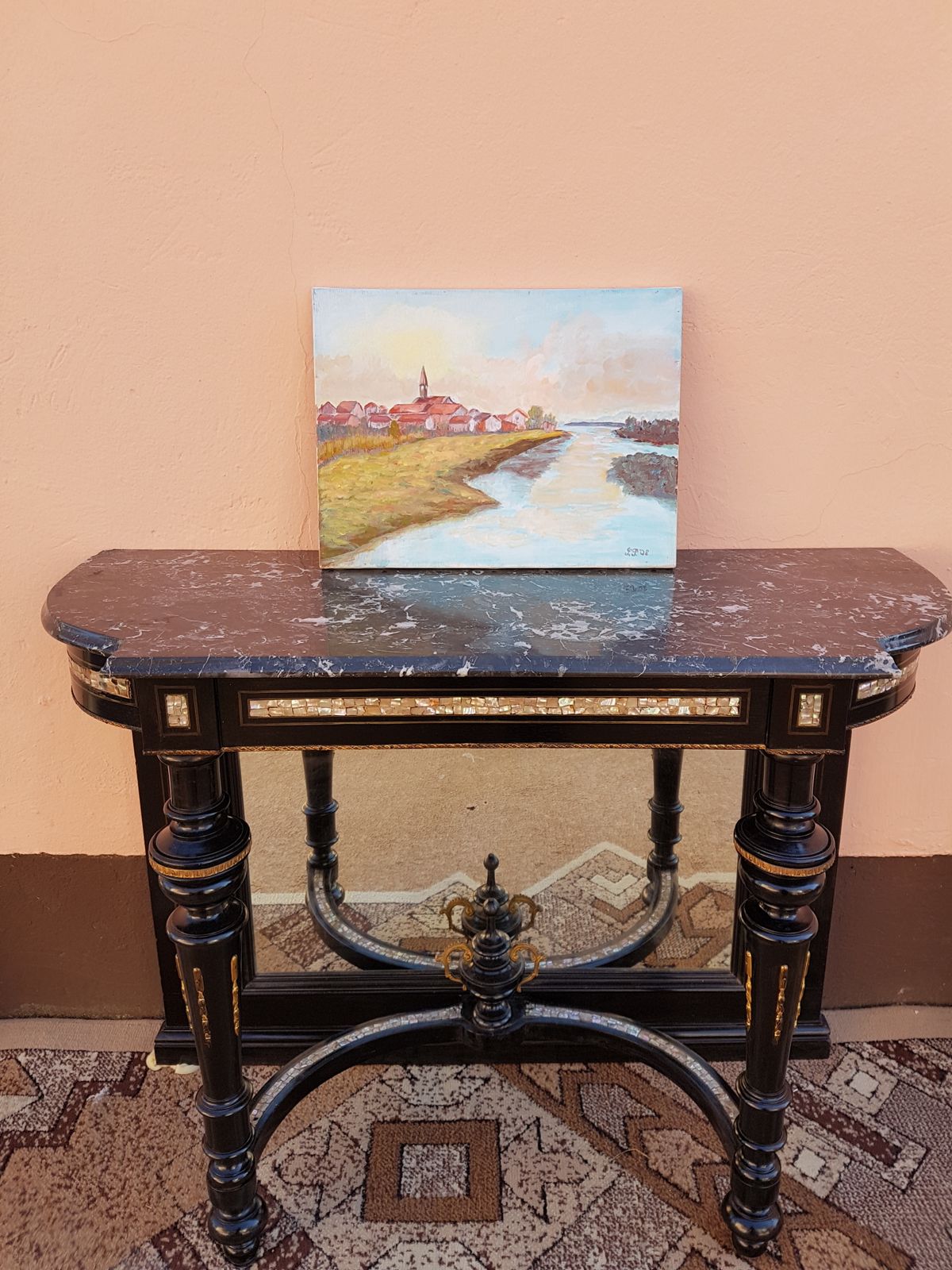 Oil On Canvas A Village Near The River photo for sale