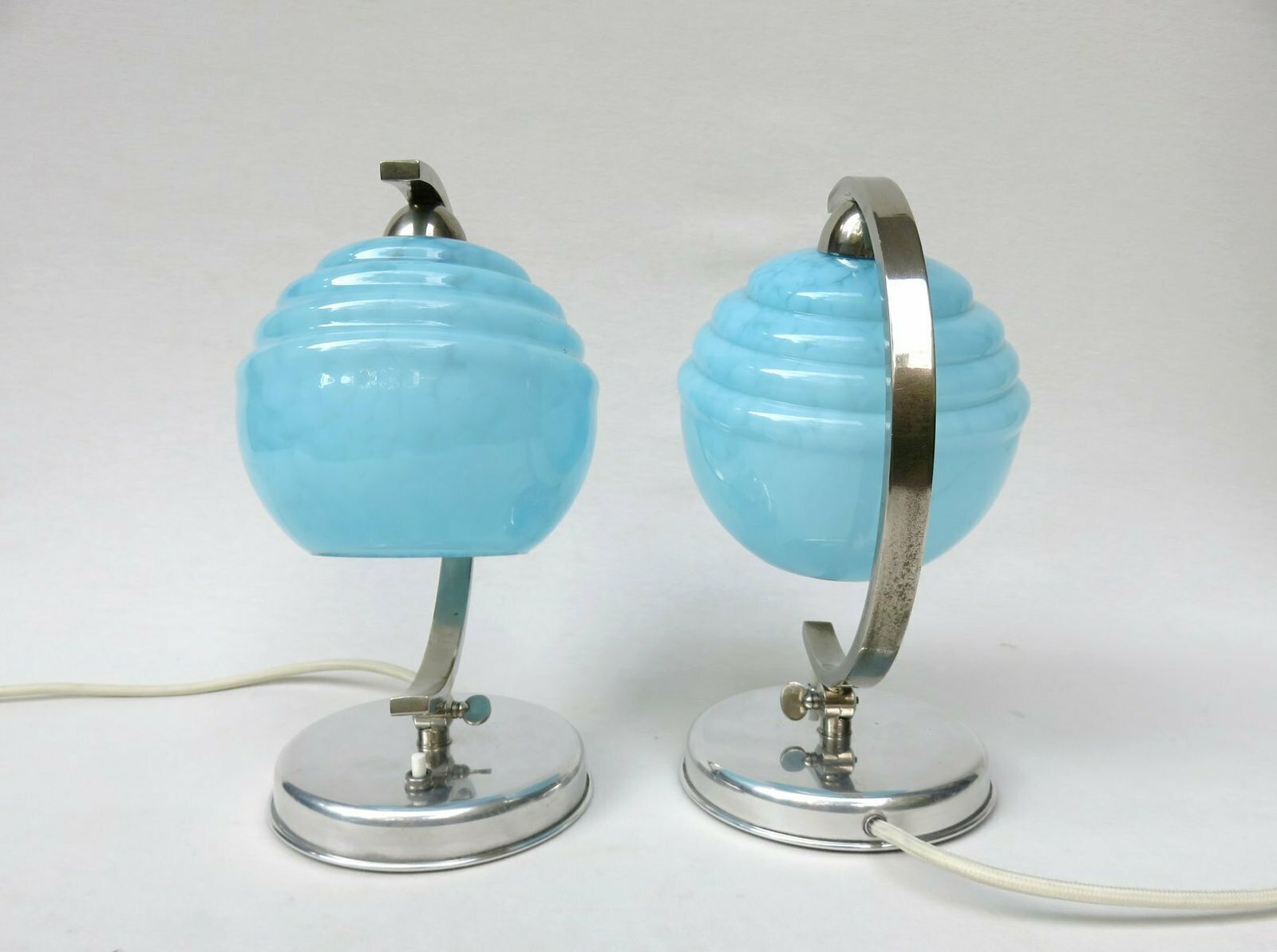 French Bedside Lights, Art Deco, Umbrellas Flamed Light Blue, 1920s, Set Of 2 photo Lighting