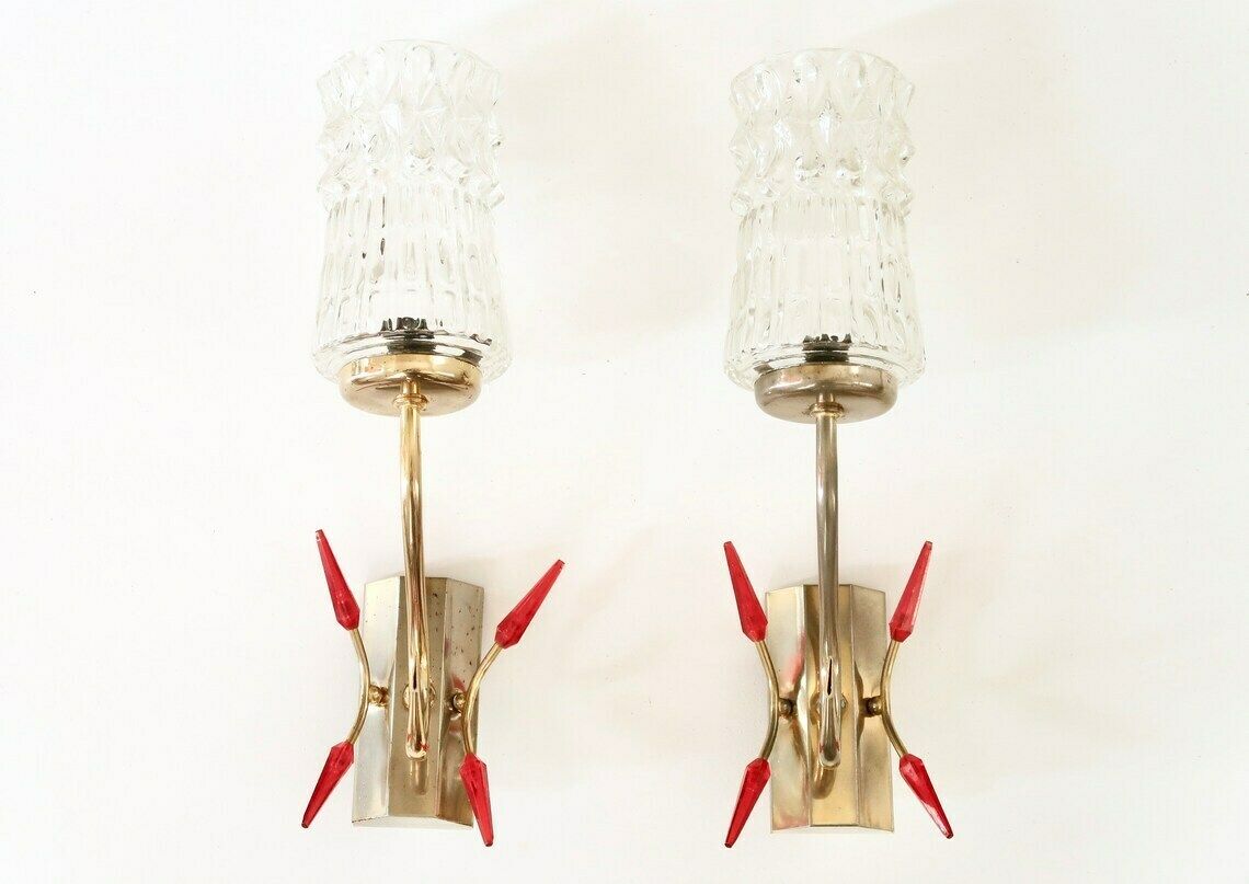 Paar Franse Modernistische Wandlampen, Goudkleurig Metaal En Glas, Jaren 1950 / Mid Century Modern Lamp Verlichting Messing Atomic Lunel Arlus photo furniture