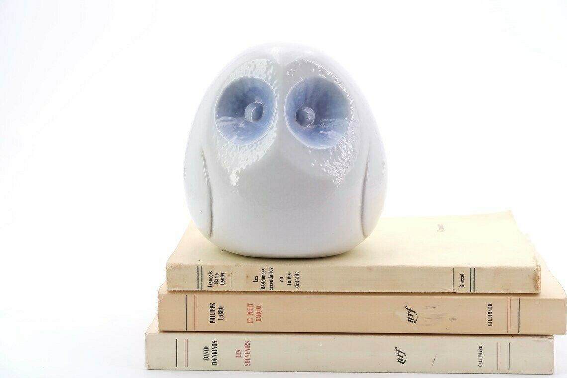Sculpture de hibou en céramique blanche et bleue, années 1970 / Pâle, Boho Chic photo furniture