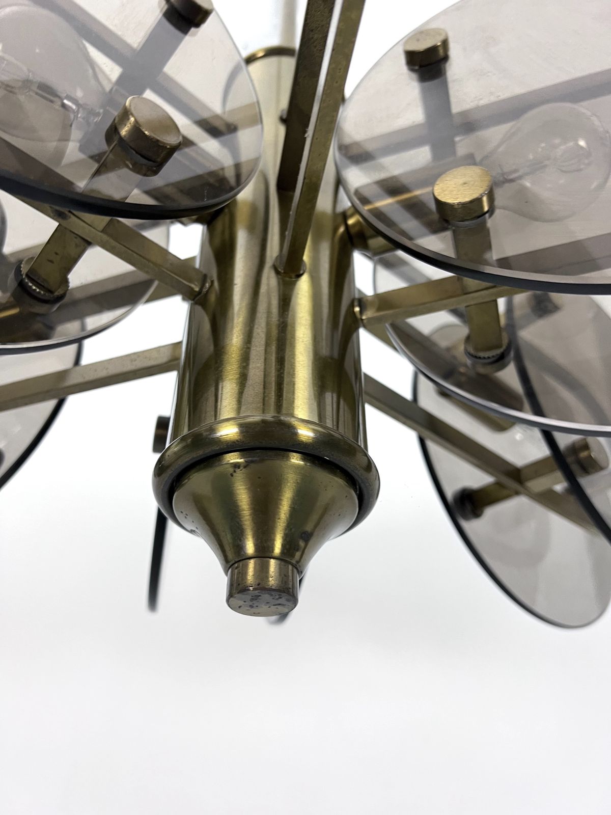 photo for sale Postmodern Brass And Thick Glass Chandelier By Gino Paroldo. Italy 1970s