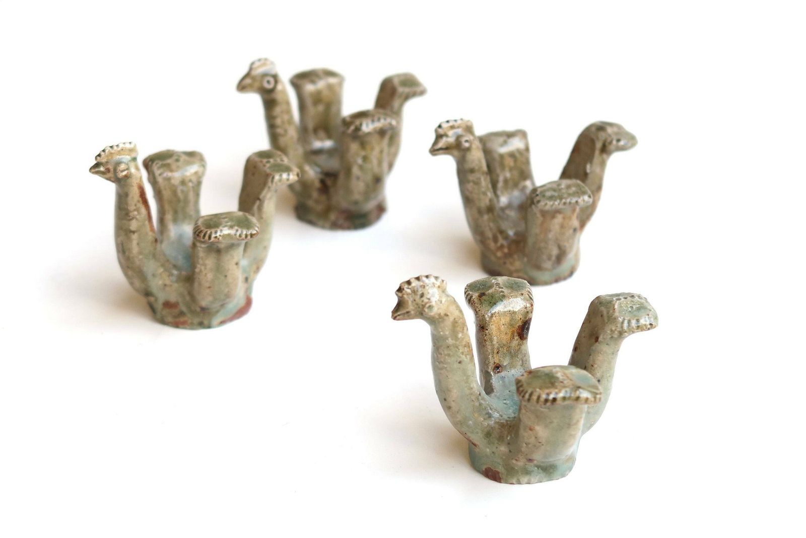 Set Of 4 Egg Cups "Hen" By Jean Lerat, 1960s / La Borne, Ceramic, Animal, Sculpture, Bird
