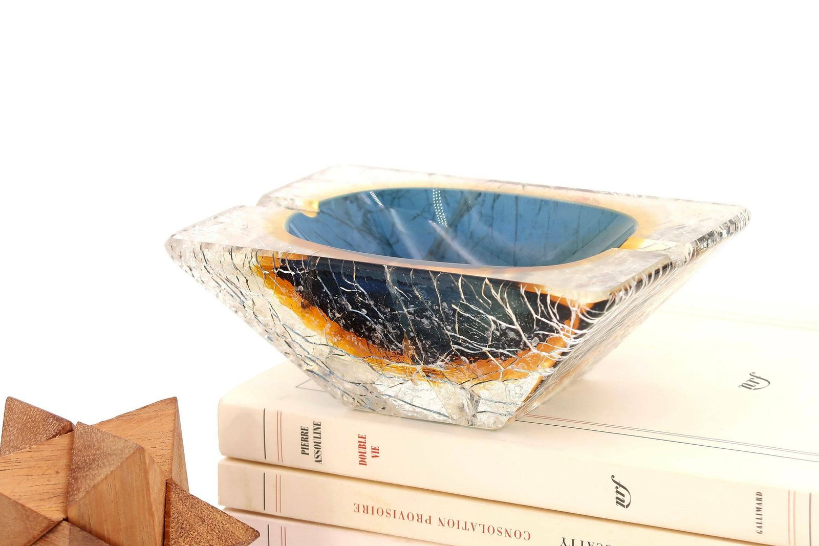 Cendrier rare en verre de Murano à effets craquelés, mid-century modern, années 1950, bleu et orange photo furniture