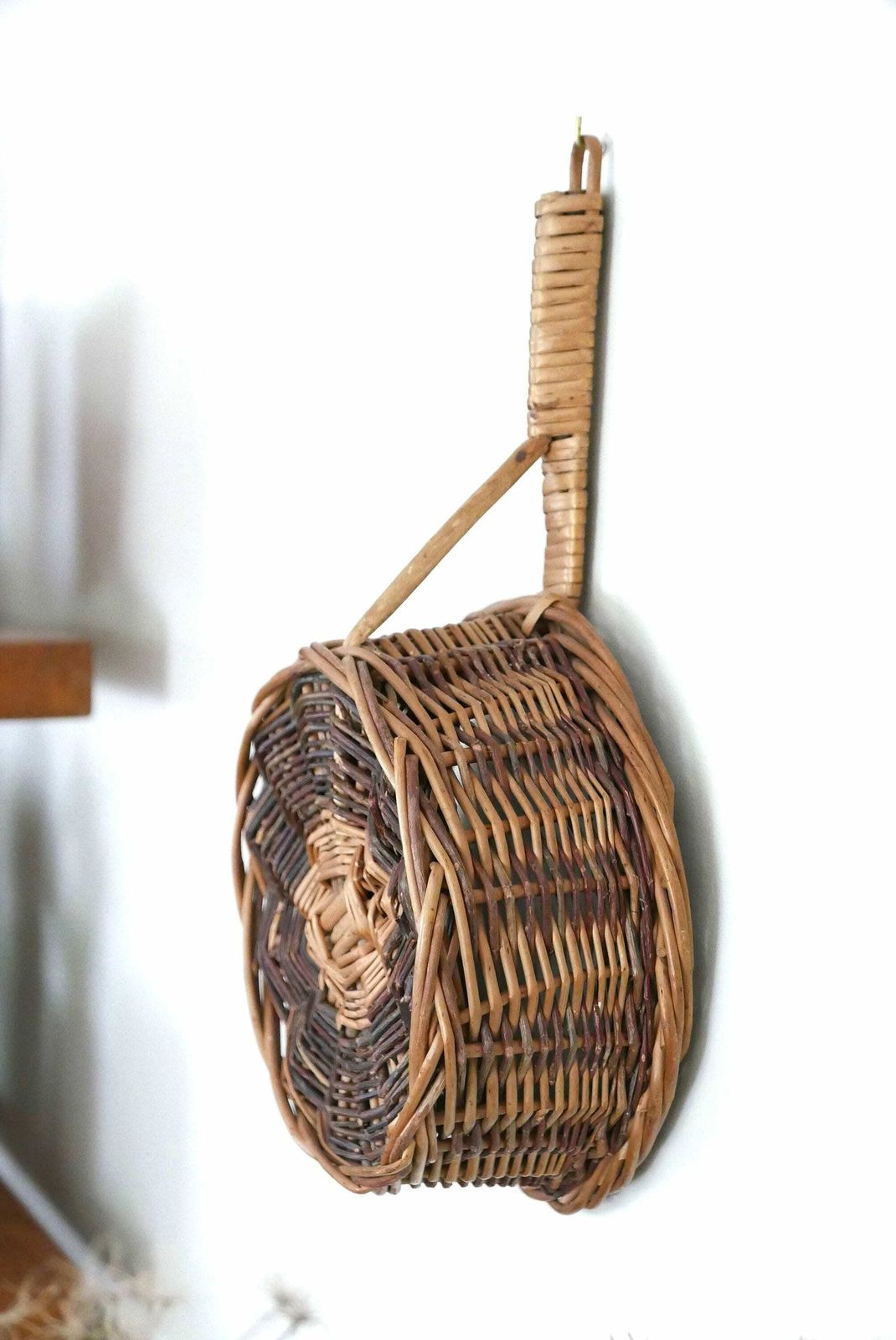 Wicker Fruit Basket Or Wall Hanging, 1960s / Bowl Dish Boho Chic Bohemian Folk Kitchen Country Farmhouse photo for sale