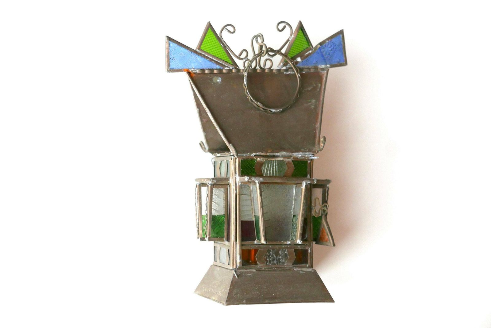 Lanterne en verre et métal, lampe à huile, années 1950, vintage, folk, boho chic, bohémien, à suspendre au mur photo for sale